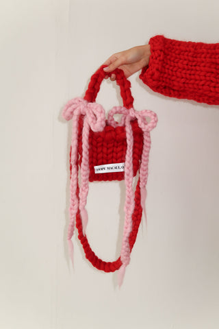 Red Colossal Knit Crossbody Bag with Bows