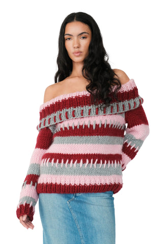 Patchwork Chunky Knit Off The Shoulder Sweater