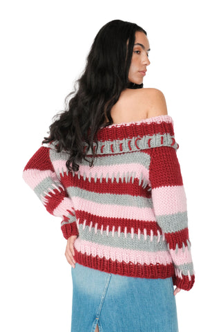 Patchwork Chunky Knit Off The Shoulder Sweater