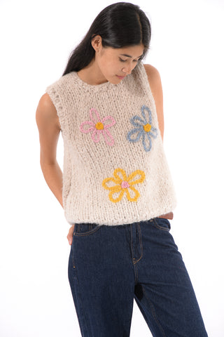 Embroidered Daisy Fluffy Knit Vest