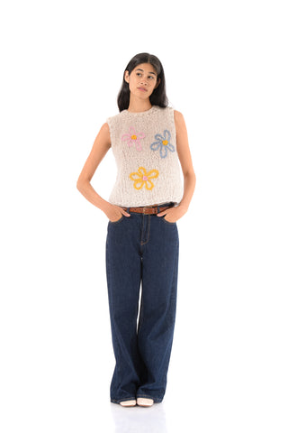 Embroidered Daisy Fluffy Knit Vest