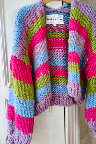 Stripy Green Bow Chunky Knit Cardigan M (Sample)
