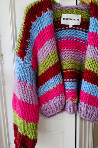 Stripy Blue Bow Chunky Knit Cardigan M (Sample)
