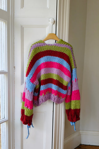 Stripy Blue Bow Chunky Knit Cardigan M (Sample)