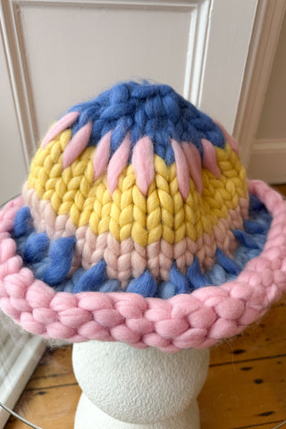 Blue, Pink and Yellow Patchwork Colossal Knit Mushroom Hat (Sample)