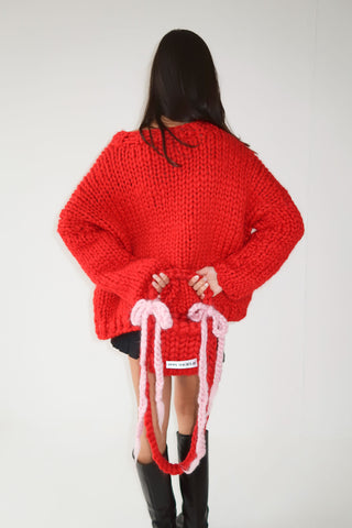 Red Colossal Knit Crossbody Bag with Bows