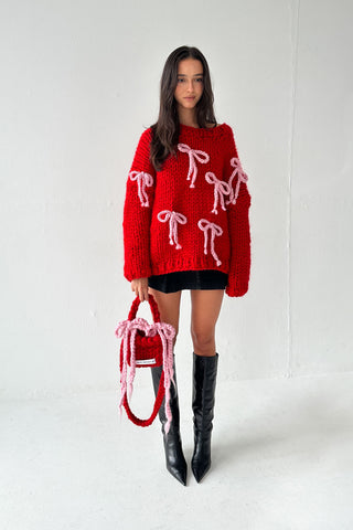 Red Chunky Bow Knit Sweater