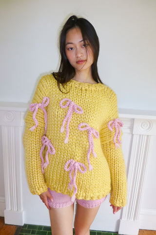 Yellow Chunky Bow Knit Sweater