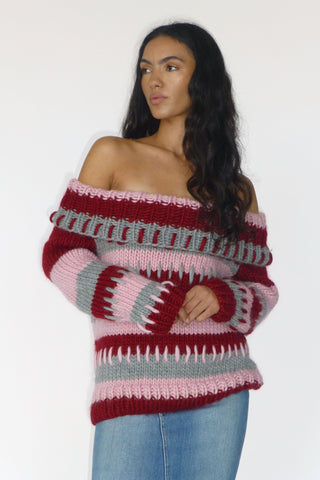 Patchwork Chunky Knit Off The Shoulder Sweater